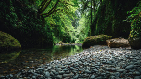 Green forest with river and rocks in the foreground, New Zealand.の素材