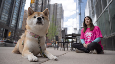 Shiba inu dog sitting on the sidewalk with a woman in the backgroundの素材