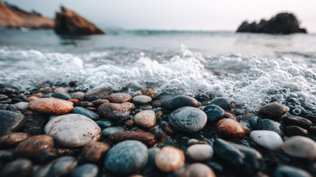 Sea pebbles on the beach. Beautiful seascape.の素材