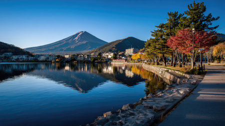 Mt. Fuji reflected in Kawaguchiko lake, Japanの素材