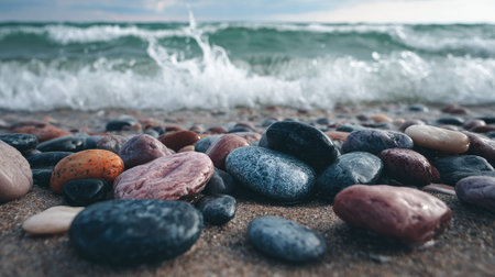 Colorful pebble stones on the beach with sea wave.の素材