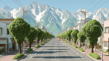 3D illustration of a street with green trees and high mountains in the backgroundの素材