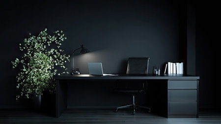 Black office interior with desk and laptop. Workplace concept. 3D Renderingの素材