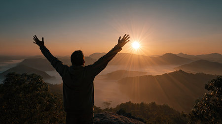 Silhouette of a man standing on the top of the mountain and enjoying the sunriseの素材