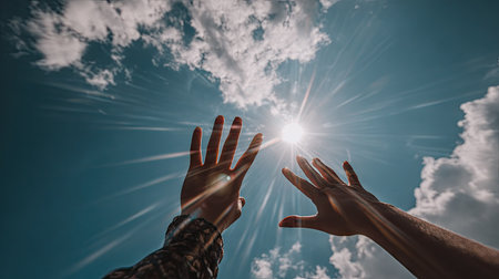 Hands of a man and a woman reaching for the sun.の素材