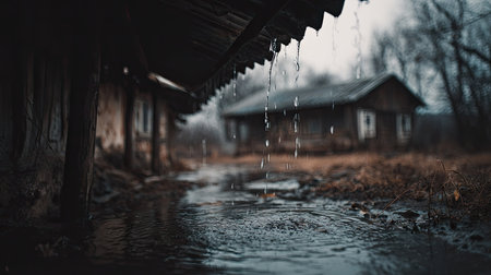 Raindrops fall on the roof of a wooden house in the villageの素材