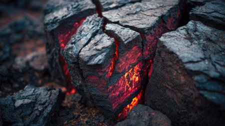 Burning coal in the heat of the coals close-upの素材