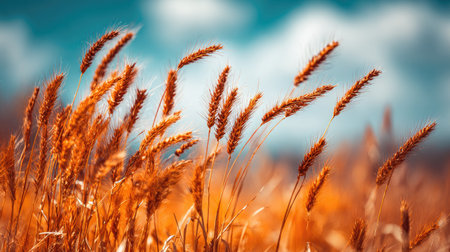 Ripe ears of wheat on a background of the blue sky.の素材