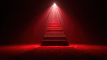 staircase leading to bright light in dark room with red carpetの素材