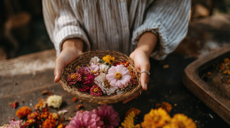 Close-up of woman's hands holding basket with dried flowers.の素材