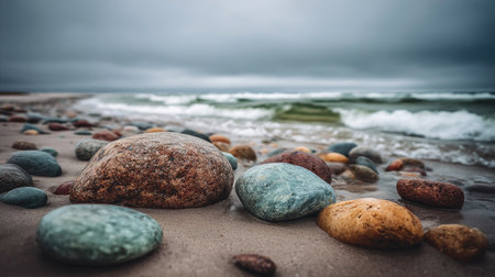 Stones on the beach in stormy day, Baltic Sea, Polandの素材