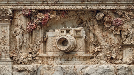 Vintage photo camera on a stone wall in Rome, Italy.の素材