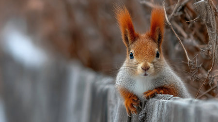 Red squirrel sits on a fence in winter and looks at the cameraの素材