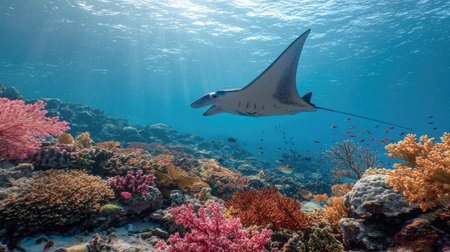 Manta ray on a tropical coral reef in the Red Sea.の素材