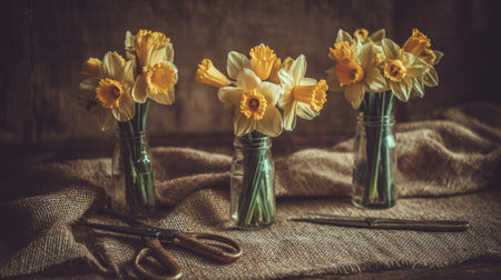 Vintage still life with daffodils in vases on rustic backgroundの素材