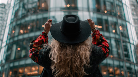 Beautiful blonde girl with long curly hair in a black hat on the background of a modern buildingの素材