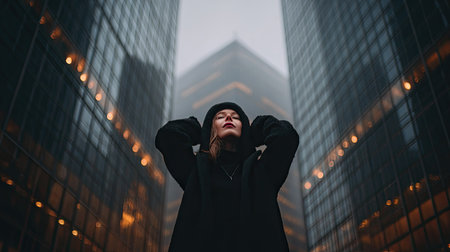 Portrait of a beautiful young woman in a black coat on the background of the city.の素材