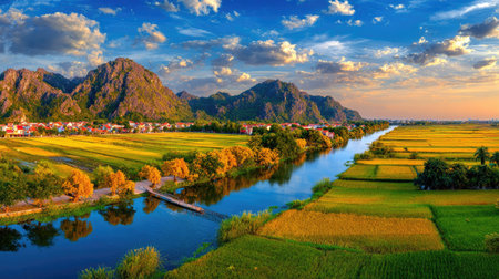 Panoramic view of the rice fields in the morning, Vang Vieng, Laosの素材