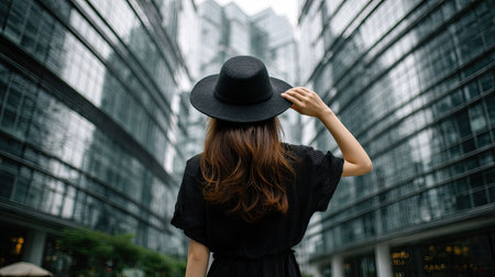 Back view of asian woman wearing black dress and hat walking in the cityの素材