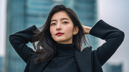 Beautiful young asian woman in black coat and red lipstick in the cityの素材