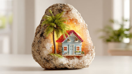 House model on a rock with palm trees. 3d rendering.の素材