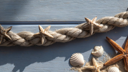 Seashells, starfish and rope on a blue wooden backgroundの素材