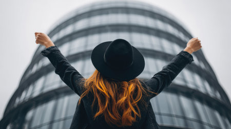 Back view of young red-haired woman in black hat with raised hands in the city.の素材