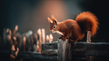 Red squirrel sitting on a wooden fence in the autumn forest at sunsetの素材