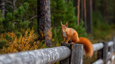 Red squirrel on a wooden fence in the autumn forest. Eurasian red squirrel, Sciurus vulgarisの素材