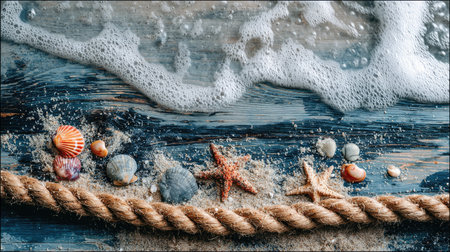 Sea shells and starfishes with rope on a blue wooden backgroundの素材