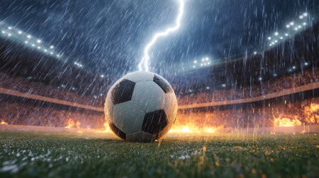 Soccer ball on the field of stadium with lightning. Mixed mediaの素材