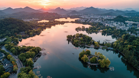Aerial view of Hangzhou West Lake at sunset, China.の素材