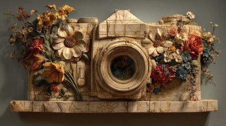 Vintage photo camera and dried flowers on the shelf in the museumの素材