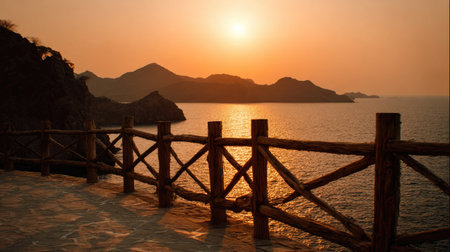 Sunset over the sea with a wooden fence and mountains in the backgroundの素材