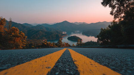 Road in the mountains and lake at sunset, travel and vacation conceptの素材