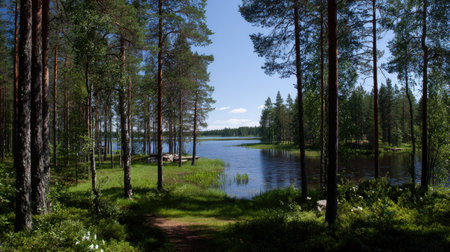 Landscape with a small lake in the middle of a pine forestの素材