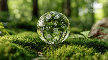 Glass globe with eco icons on green moss in forest. Ecology conceptの素材