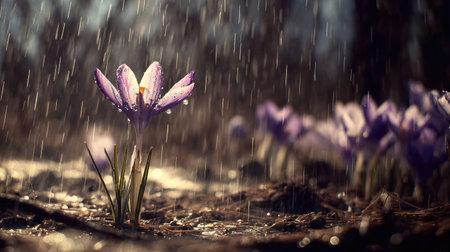 Purple crocus flowers in the rain. First spring flowers.の素材