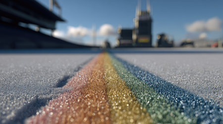 Close up shot of a racing track with blue, orange and yellow stripesの素材