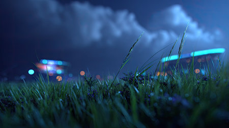 Night football stadium with grass and bokeh lights. 3d renderingの素材