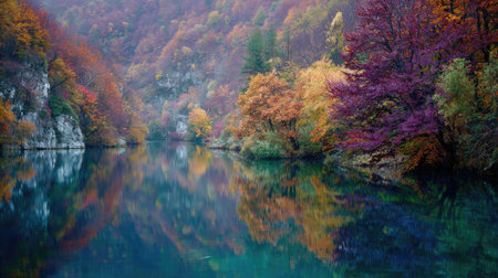 Autumn landscape with colorful forest and lake in Plitvice Lakes National Park, Croatiaの素材