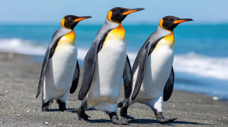 King penguins standing on the beach in the Falkland Islands.の素材