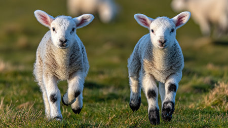 Newborn lambs on the green meadow in springtime.の素材