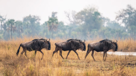 Wildebeest (Connochaetes taurinus) in Okavango Delta, Botswanaの素材