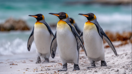 King penguins (Aptenodytes patagonicus) on the beach in the Falkland Islands.の素材
