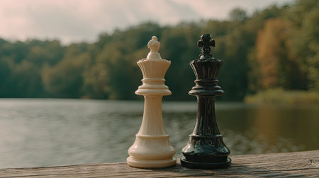 two chess pieces, a king and a queen, sit on a chessboard against a backdrop of a blurred lake and trees. the scene is hyper-realistic, with a cinematic quality, as if captured through the lens of a camera. --chaos 35 --ar 16:9 --v 7 Job ID: be1bfae6-4f4b-494a-9927-1f423ce8cf13の素材