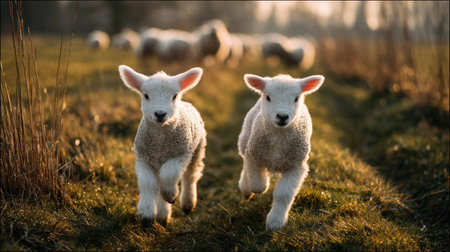 Cute little lambs running in a meadow in the Netherlandsの素材
