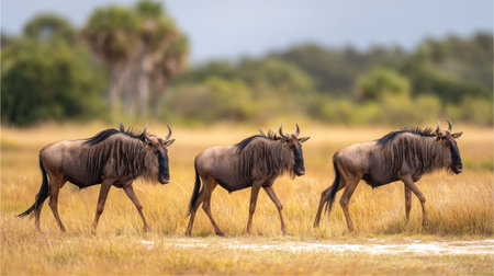 Wildebeest (Connochaetes taurinus) in Chobe National Park, Botswana, Africaの素材