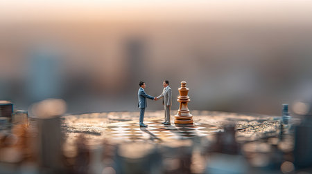 Miniature people : Businessman and businesswoman standing on chess board with city backgroundの素材
