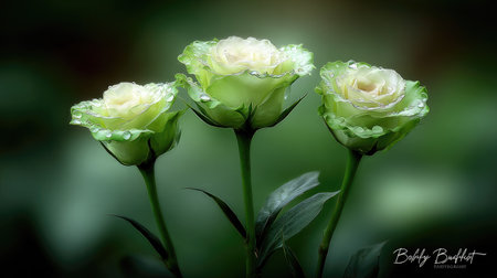 Beautiful white roses with water drops on green background. Happy birthday card.の素材